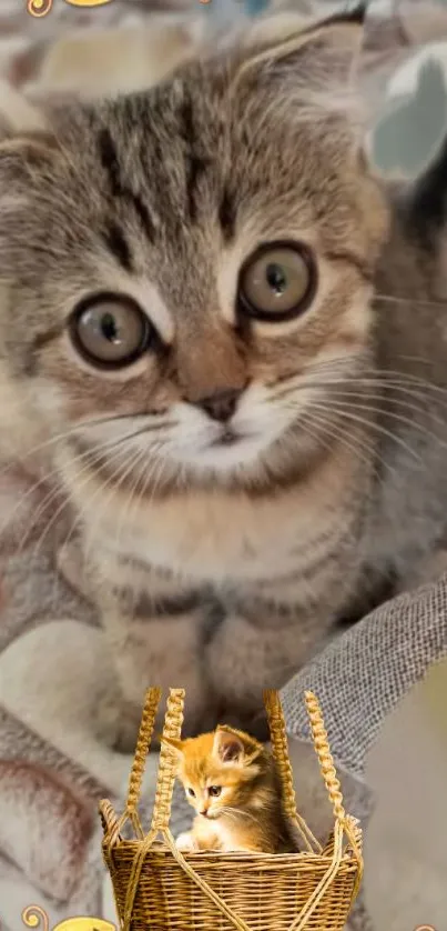 Adorable kitten with big eyes and basket on a stylish wallpaper background.