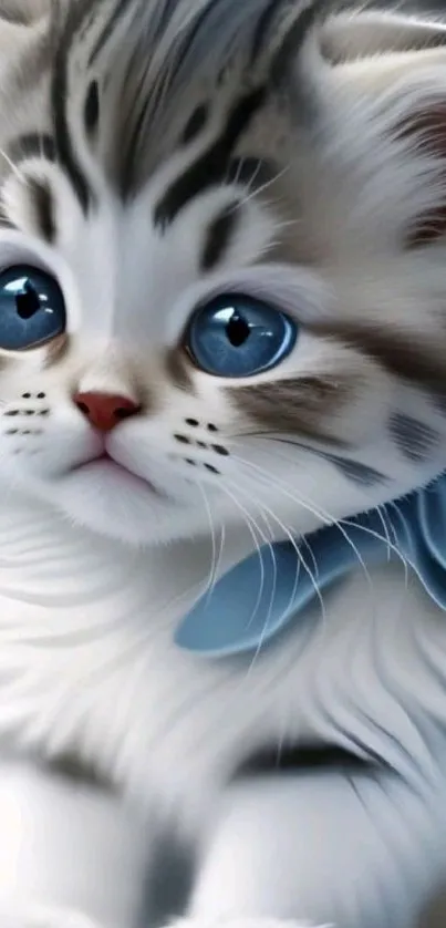 Cute kitten with blue eyes and striped fur, wearing a bow.