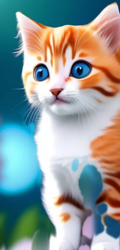 Adorable orange kitten with blue eyes in a digital art style on a vibrant background.