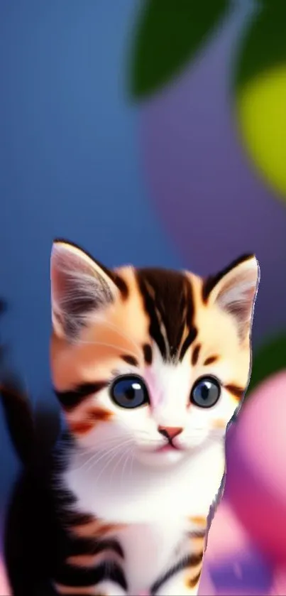 Adorable digital kitten with big blue eyes in a colorful background.