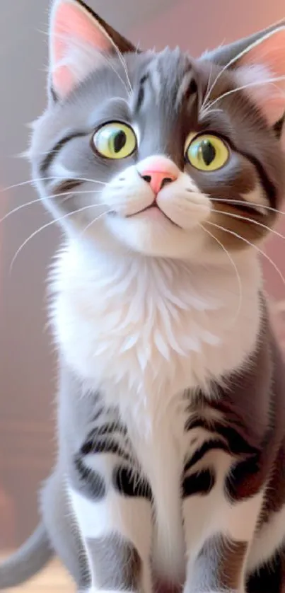 Cute kitten with green eyes and fluffy fur sitting indoors.