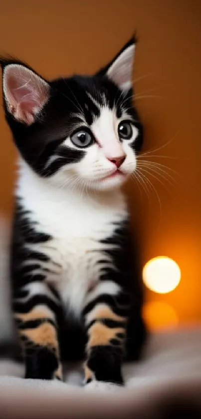 Black-and-white kitten with glowing background.