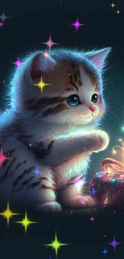 Cute fluffy kitten with glowing lights.