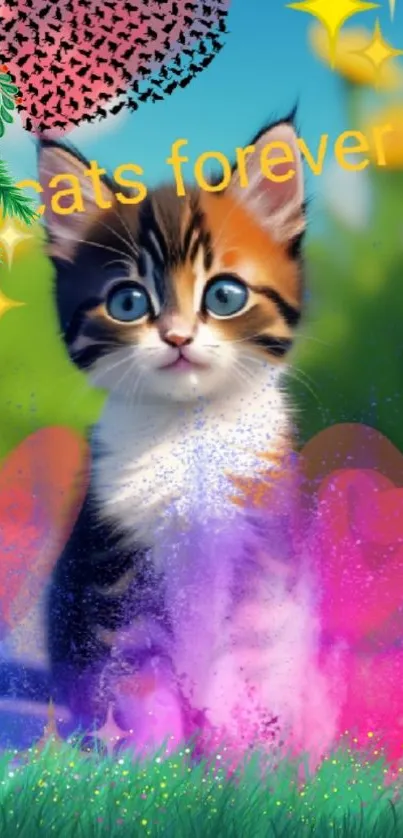 Cute kitten surrounded by colorful hearts and flowers.