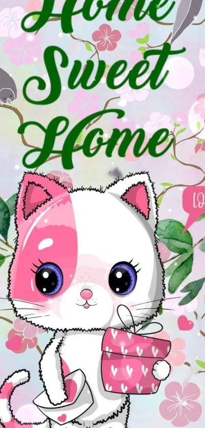 Cute kitten with floral decor wallpaper design.