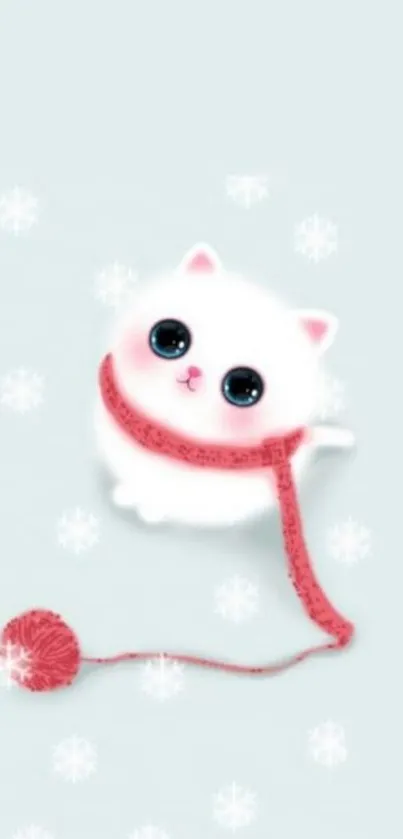 Adorable white kitten with pink scarf and snowflakes on light background.