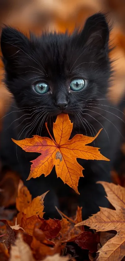 Black kitten with blue eyes holding an orange leaf.