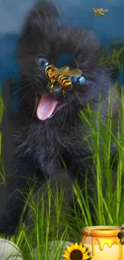 Cute black kitten surrounded by bees with honey jar.