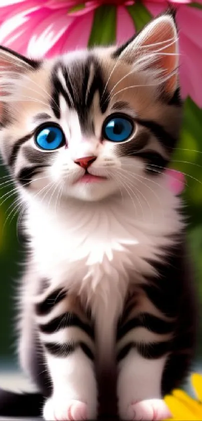 Cute kitten with blue eyes and colorful flowers background.