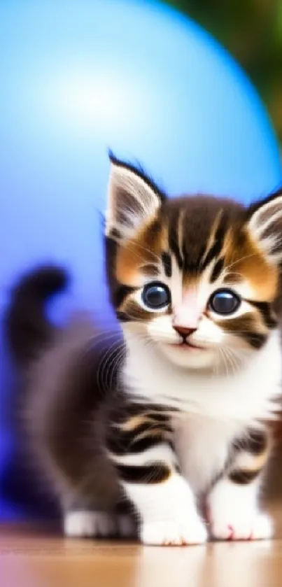 Adorable kitten and blue balloon mobile wallpaper.