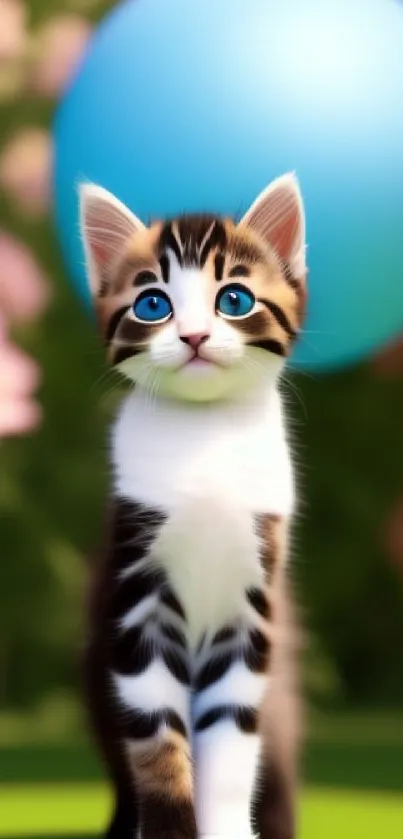 Adorable kitten with blue balloon in a floral setting.