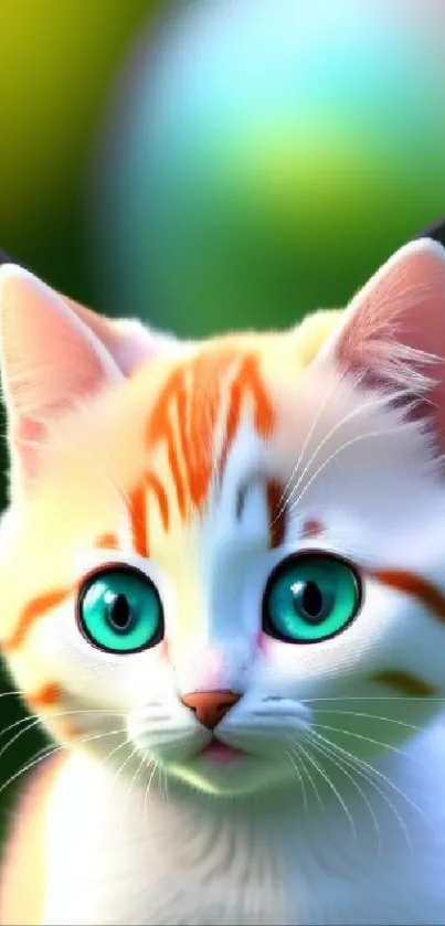 Adorable kitten with blue eyes and orange fur, set against a soft background.