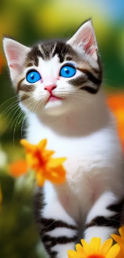 Adorable kitten with blue eyes among bright flowers, perfect for a mobile wallpaper.