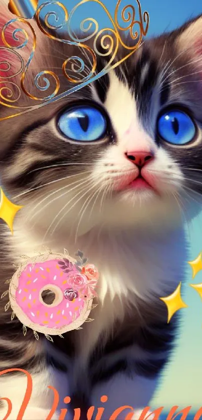 Cute kitten with crown, donut, and blue eyes on colorful background.