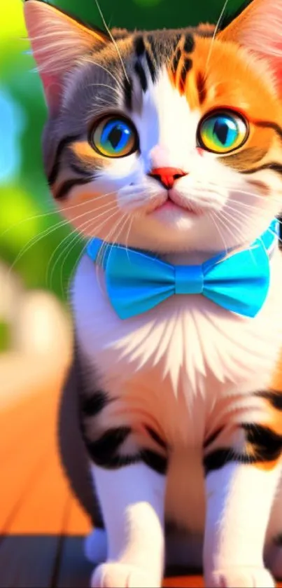 Adorable kitten with blue bow tie sitting outside on wooden path.