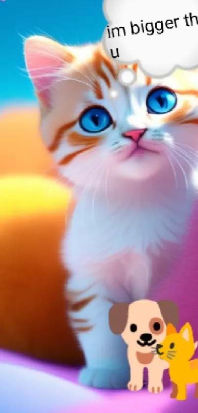 Cute kitten with bright blue eyes on a colorful background.