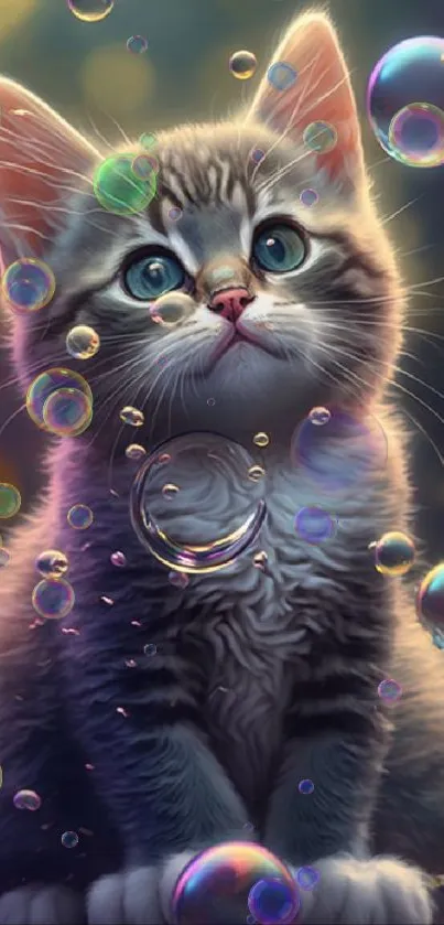 Adorable kitten surrounded by colorful bubbles in vibrant digital artwork.