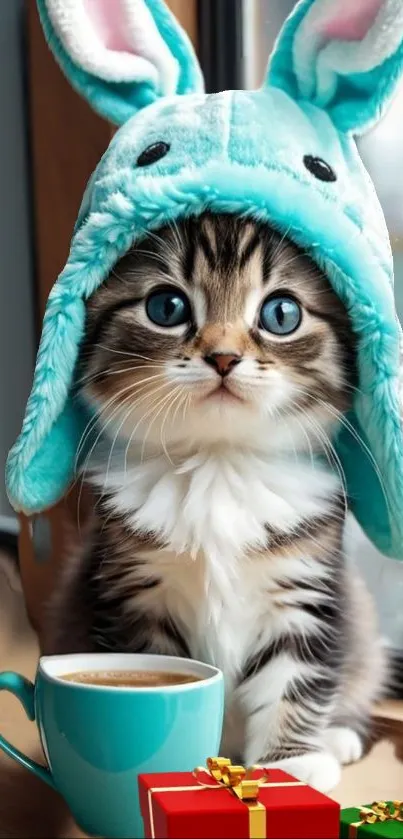 Cute kitten wearing a teal bunny hat beside a cup.