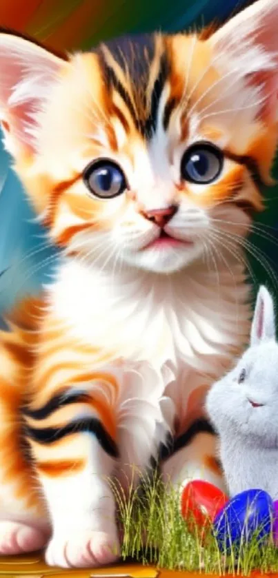 Cute kitten with bunny and colorful eggs on a vibrant wallpaper.