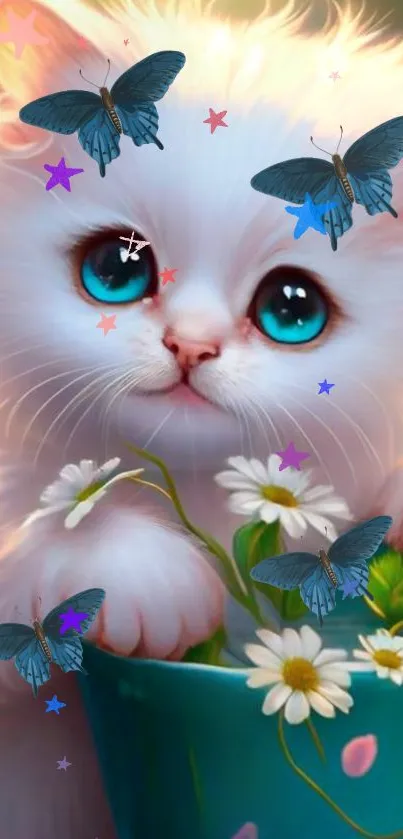 Fluffy white kitten with blue eyes, butterflies, and daisies.