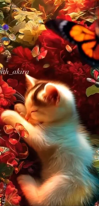 Cute kitten among flowers with butterflies