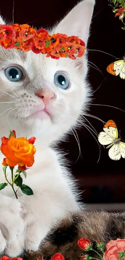 Kitten with floral crown and butterflies on a decorative background.