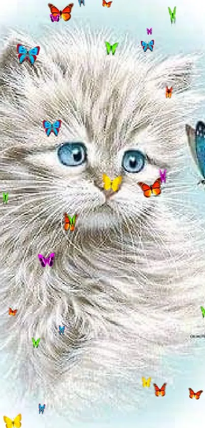 Fluffy kitten with blue eyes and butterfly.