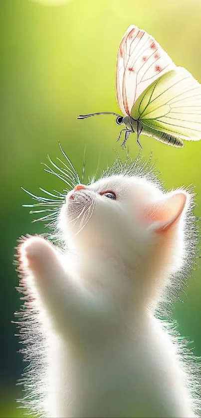 Cute white kitten plays with butterfly on green background.