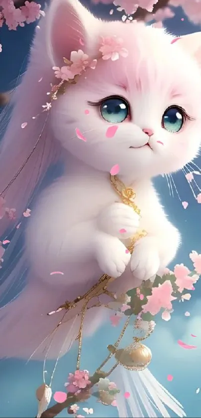 Fluffy white kitten among cherry blossoms with a pastel blue sky backdrop.