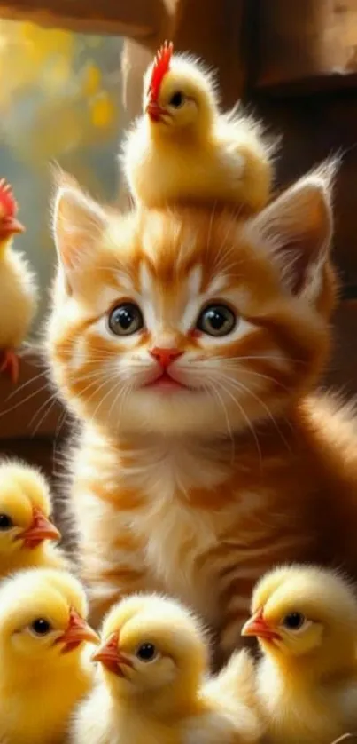 Orange kitten with yellow chicks in a cozy barn setting.