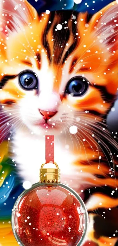 Vibrant orange kitten with blue eyes and red Christmas bauble in snow.