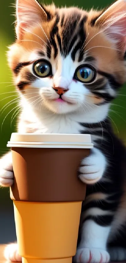 A cute kitten holding a coffee cup with a green background.