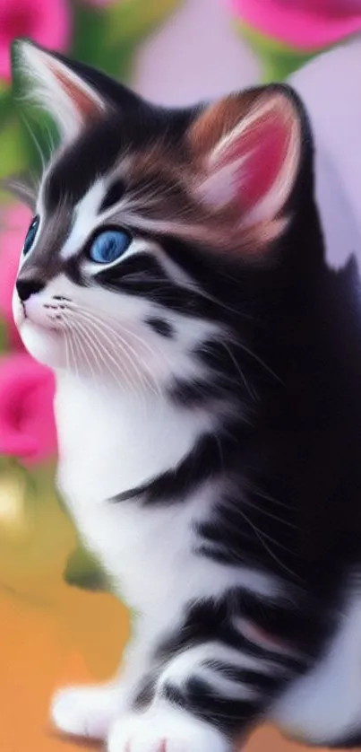 Cute kitten with blue eyes and vibrant background featuring pink flowers.