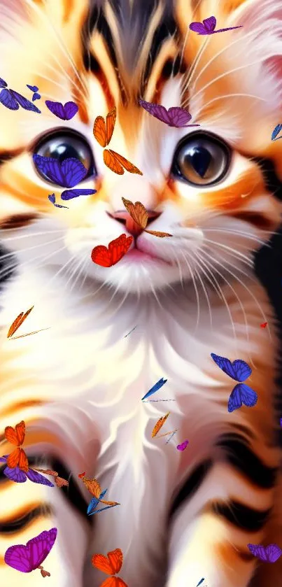 Cute kitten with vibrant butterflies wallpaper.