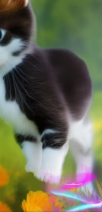 Adorable black and white kitten with blue eyes and a colorful glow on green background.