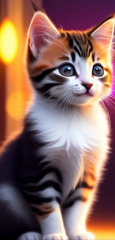 Cute kitten with colorful glowing background.