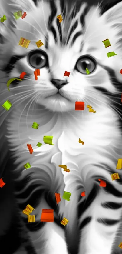 Cute black and white kitten with colorful confetti.