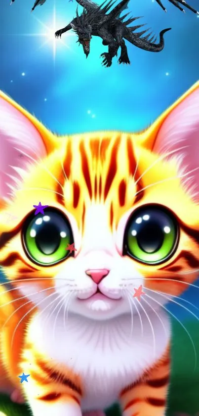 Cute cartoon kitten with big eyes and a dragon in a starry sky background.