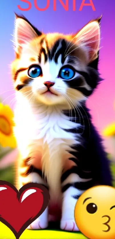 Adorable kitten with heart and kiss emojis in a colorful flower scene.