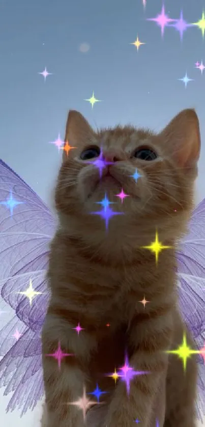 Orange kitten with purple fairy wings in a blue sky.