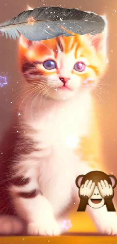 Adorable kitten with feather and playful emoji in warm hues.