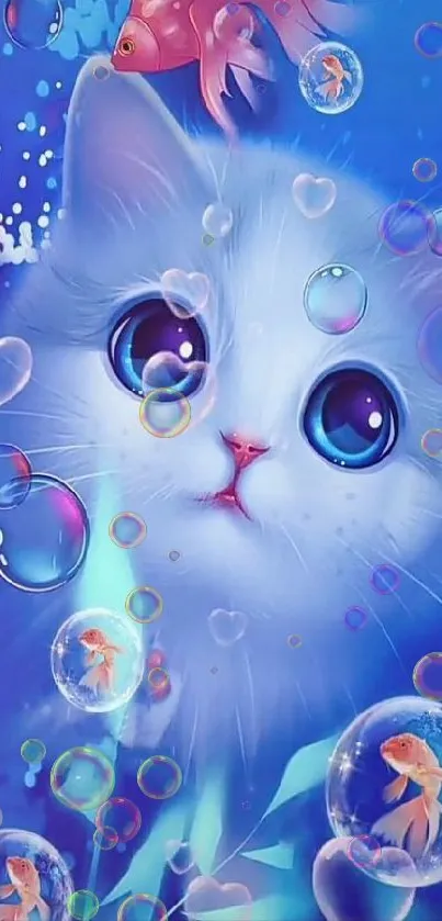 Cute kitten surrounded by bubbles and fish on a blue background.