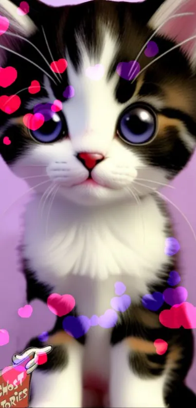 Cute kitten with colorful floating hearts on a purple background.