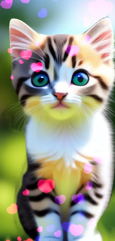 Adorable kitten surrounded by floating hearts on a digital mobile wallpaper.