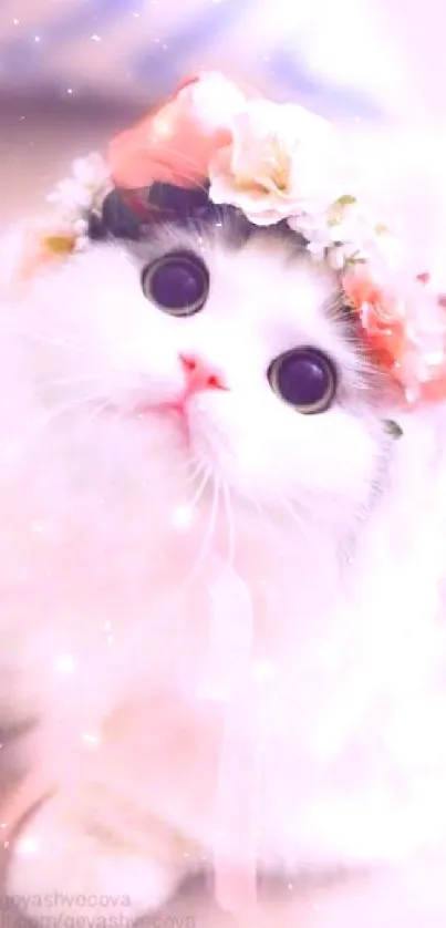 Cute white kitten with floral crown, perfect for mobile wallpaper.