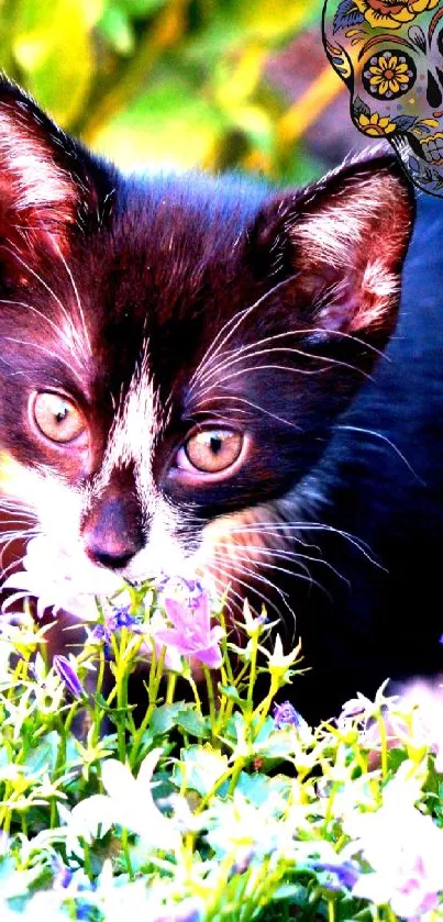 Black and white kitten in flowers with artistic skull design.