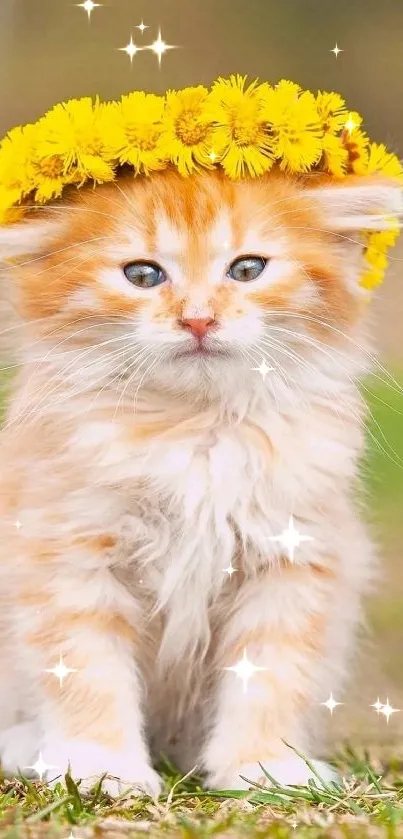 Adorable kitten with yellow flower crown sitting on grass.