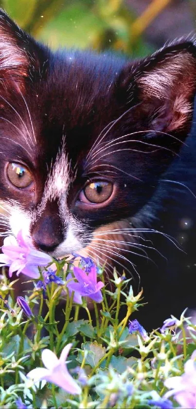 Black and white kitten sniffing purple flowers in a garden setting.