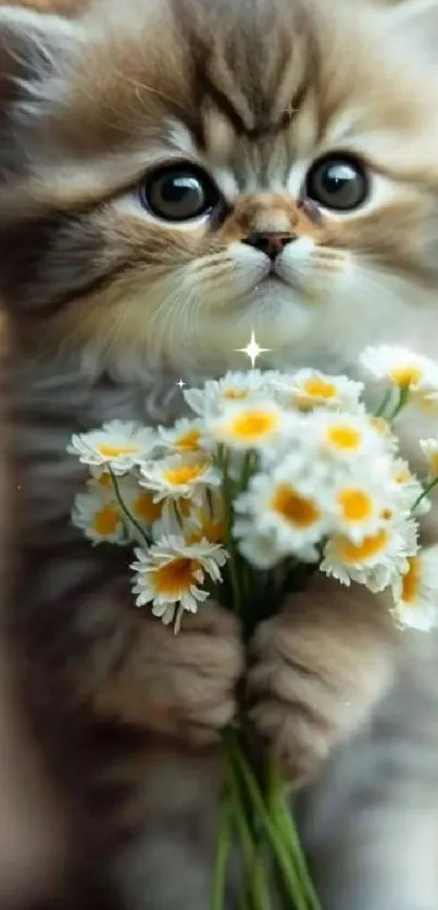 Adorable fluffy kitten holding a bouquet of daisies.