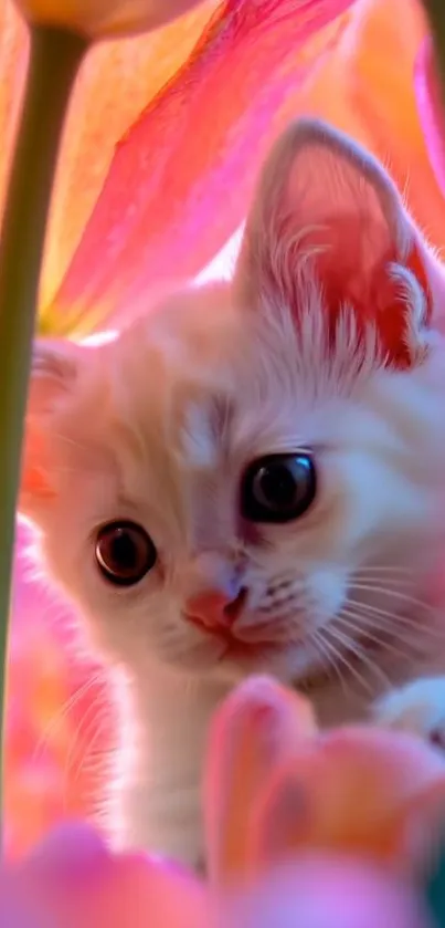 Adorable kitten in vibrant pink flowers.
